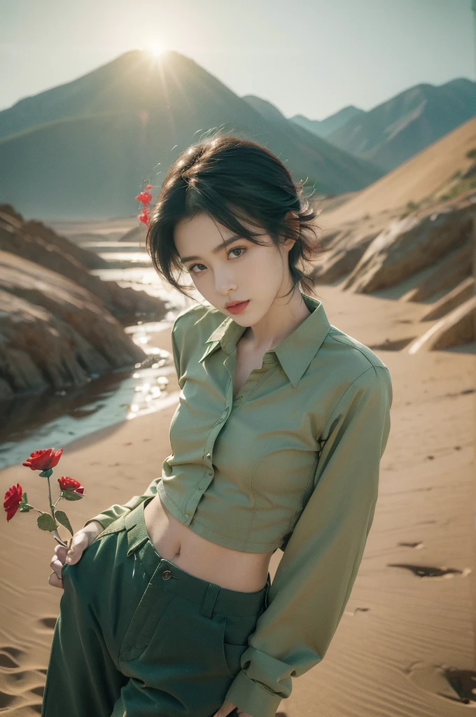 (((best quality))),(((ultra detailed))),(((masterpiece))),illustration,((1 beautiful girl,tomboy,solo)),(short black hair:1.2),((slim,thin)),((small breasts,thin)), vigorous, confident, (light green collared shirt:1.3), (dark green pants:1.2),(standing:1.3),simplicity, robustness, strong features, (Abandoned Gobi Desert Scene:1.3),glowing eyes, rebellious, sensible, (mountainous landscape:1.3), (only one vibrant red flower:1.3),elegance, unyielding spirit, youthful beauty, strength, resilience, adversity, challenges,((from front,upper body))