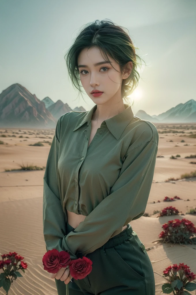 (((best quality))),(((ultra detailed))),(((masterpiece))),illustration,((1 beautiful girl,tomboy,solo)),(short black hair:1.2),((slim,thin)),((small breasts,thin)), vigorous, confident, (light green collared shirt:1.3), (dark green pants:1.2),(standing:1.3),simplicity, robustness, strong features, (Abandoned Gobi Desert Scene:1.3),glowing eyes, rebellious, sensible, (mountainous landscape:1.3), (only one vibrant red flower:1.3),elegance, unyielding spirit, youthful beauty, strength, resilience, adversity, challenges,((from front,upper body))