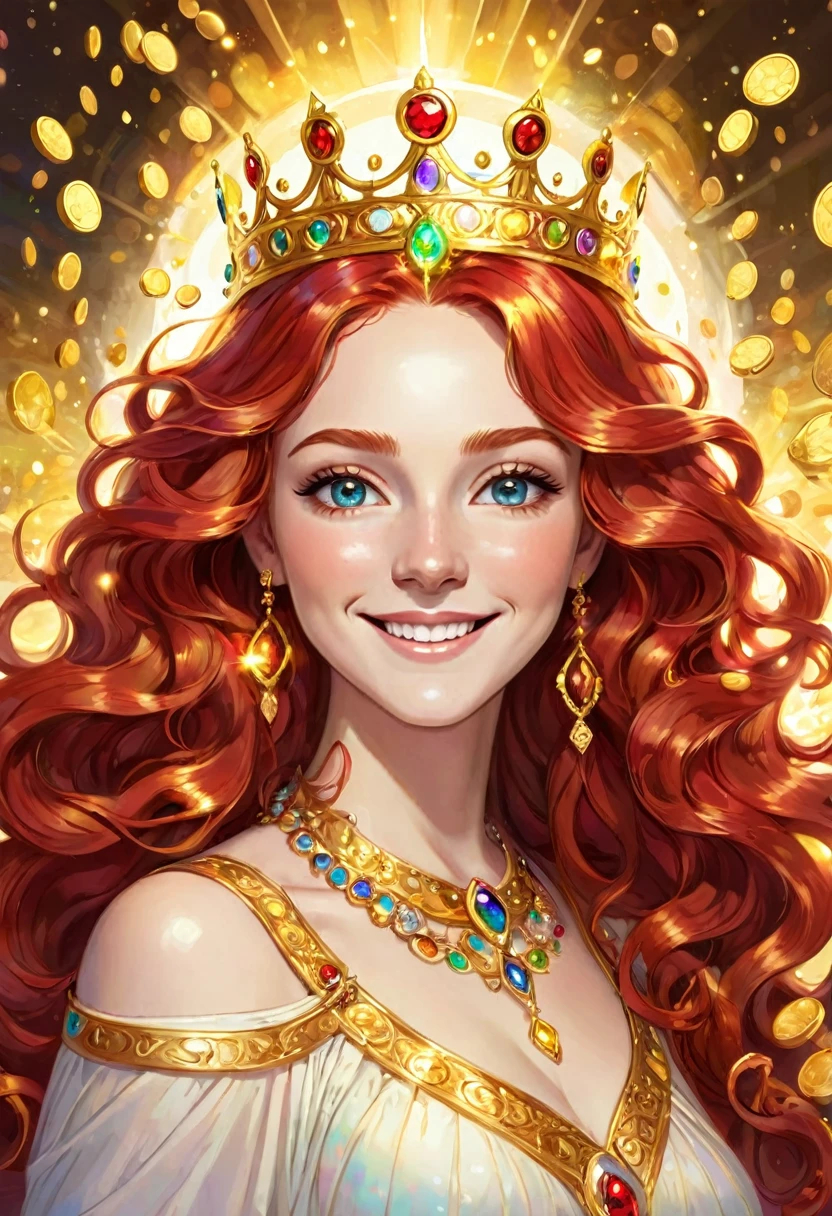 A goddess with long red wavy hair. She smiles with wisdom in her eyes. She wears a crown of jewels. Her aura shines golden and has an overwhelming presence. A symbol of beauty. Surrounded by gold coins, the background is white and gold, creating a soft and gentle light. rainbow light
