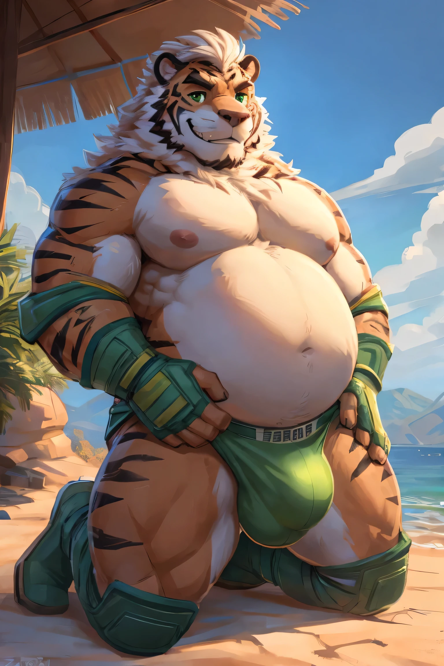 hombretigre, alone, (soft shading), 4k, anything, ((detailed face, detailed eyes, detailed)), (whole body), by Zackary911, by zaush, (by personal:0.5), muscular, muscular male, alone, (CHUBBY), stomach, green eyes, pose, smile, 1 guy, Big belly, nipples, green eyes, male focus, thighs, stomach, big bulge, big balls, naked pecs, nipples, sexy underwear, green boots, short gloves, Sexy kneeling, sex