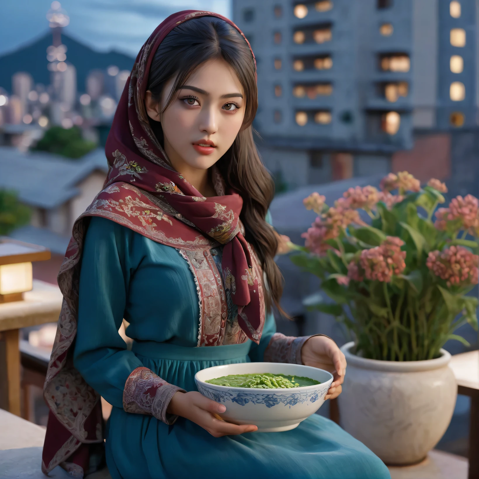 (a beautiful 19 year old japanese woman of brazilian descent:1.3), (dark slate blue dress:1.2), (maroon headscarf:1.1), (detailed face,beautiful eyes,long eyelashes,detailed lips:1.37), (mouth slightly open:1.3), (tongue sticking out to the side:1.4), (bowl of green bean porridge:1.1), (tall buildings in the background:1.2), night scene,cinematic lighting,dramatic shadows,atmospheric,vibrant colors,intricate details,photorealistic,unreal engine,4k,8k,high resolution,best quality,masterpiece, (chin slightly raised:1.2),