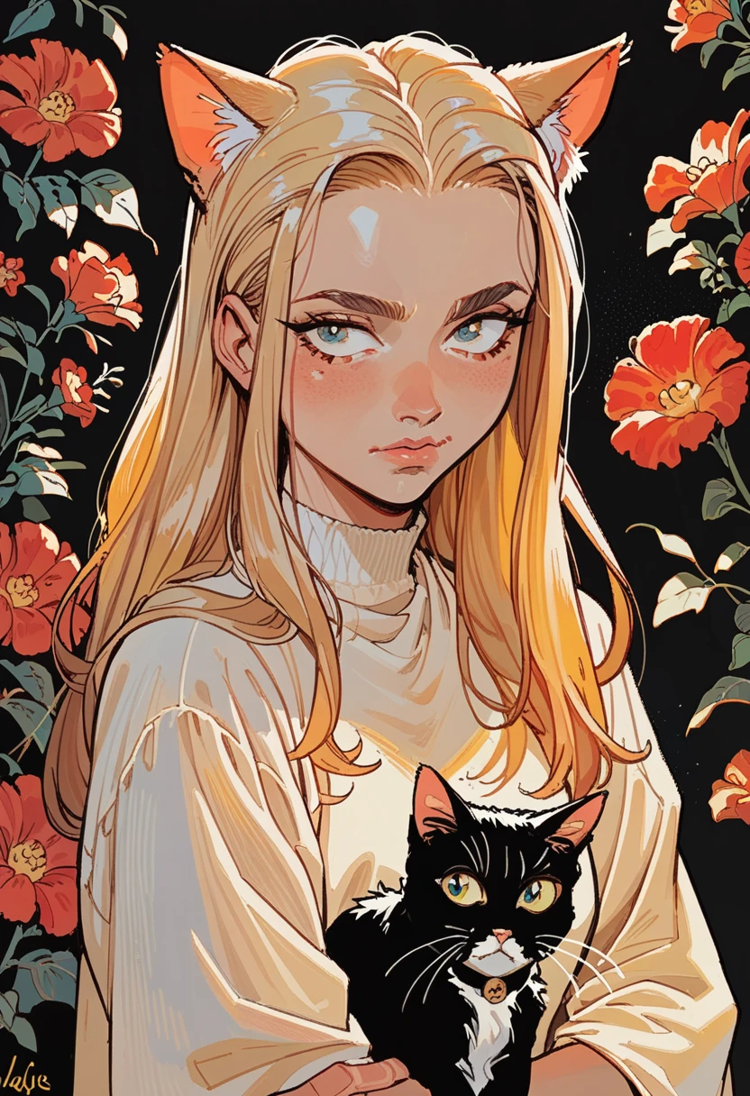 slim blonde girl , huge bobies , long hair , cat on shoulder , powerful 