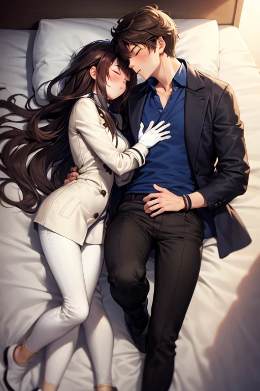 ((best quality)), ((masterpiece)), (detailed), a couple, a boy and a girl, 1 boy, full body, 19 years old, brown hair with white tips, somewhat long hair, bangs, green eyes, sleeping, tall and thin, slim, long beige trench coat, open trench coat, black fingerless gloves, white wristbands, white t-shirt with blue I-shaped emblem, letter I, black pants, 1 girl, full body, 19 years old, young adult, somewhat short, purple eyes, brown hair, somewhat wavy hair, long hair, lock of hair on forehead, asleep, blushing, scientist's coat, blue shirt, black pants, lying in bed, sleeping on boy's shoulder, kiss, closed eyes, romantic moment, bedroom background, anime