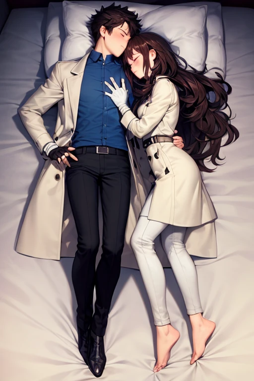 ((best quality)), ((masterpiece)), (detailed), a couple, a boy and a girl, 1 boy, full body, 19 years old, brown hair with white tips, somewhat long hair, bangs, green eyes, sleeping, tall and thin, slim, long beige trench coat, open trench coat, black fingerless gloves, white wristbands, white t-shirt with blue I-shaped emblem, letter I, black pants, 1 girl, full body, 19 years old, young adult, somewhat short, purple eyes, brown hair, somewhat wavy hair, long hair, lock of hair on forehead, asleep, blushing, scientist's coat, blue shirt, black pants, lying in bed, sleeping on boy's shoulder, kiss, closed eyes, romantic moment, bedroom background, anime