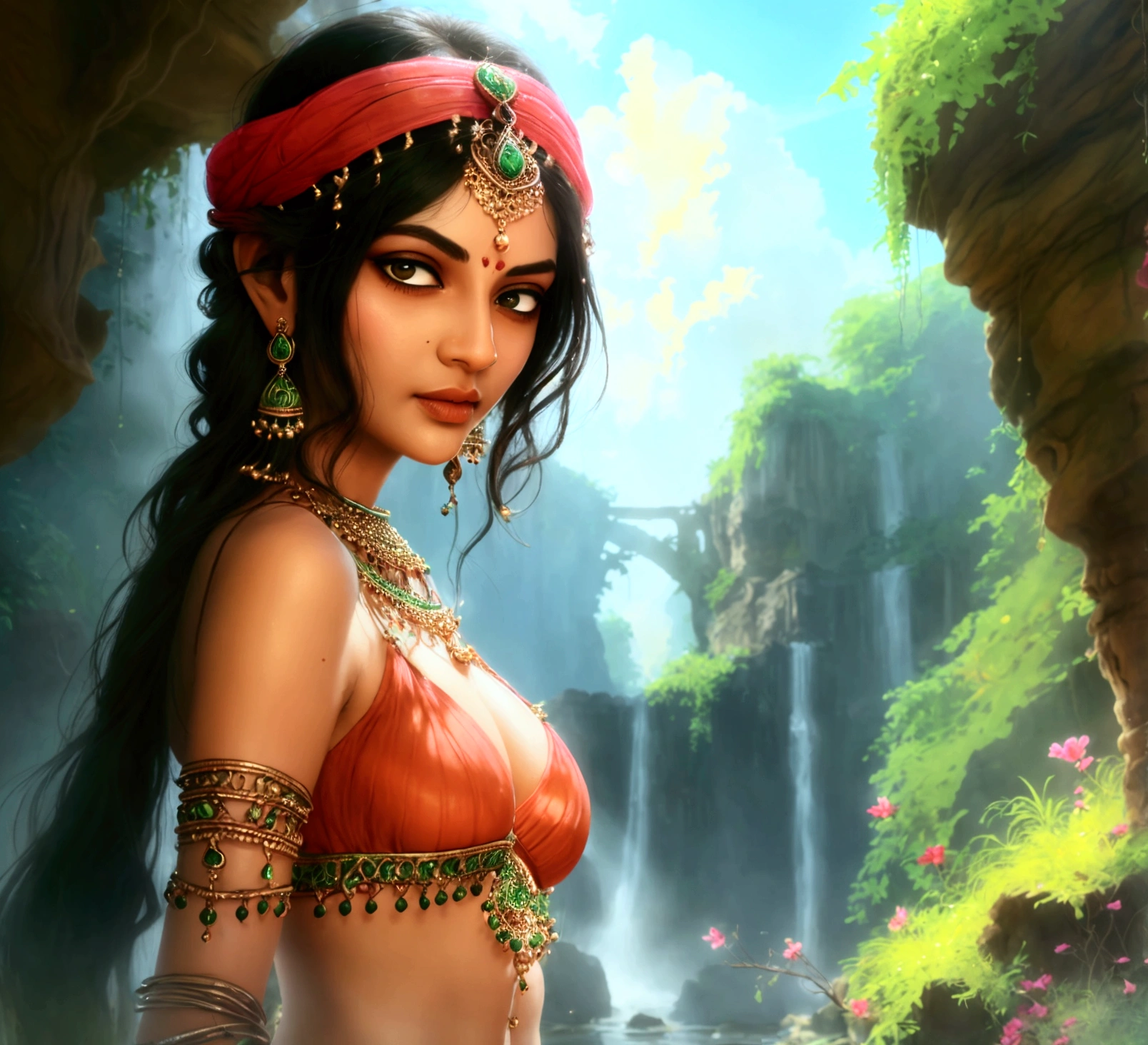((realistic:1.5)),((best quality)), ((masterpiece)),((detailed)), (1girl), {a beautiful female wearing, (upper body:1.3),super-wide-angle lens,face focus, mature,sexy,toned muscles,long legs,curvy, barefoot, medium breasts, open cleavage, drooping breasts, thick thighs,wide hips, thin legs, green eyes,long black hair,floting hair,long eyelashes, (detailed face,beautiful eye, detailed pupilss,detailed clothes features, clear background:1.3), (Bindi,Jhumkas:1.3), (Armlet, Haar, Payal,Maang Tikka,Jhumkas,Kamarband,Bangles:1.3), mysterious ancient ruin, lush forests, deep canyons,bridge,river,cliff,cloud, lakes,rock,waterfalls, flowers, grass, fog,vine,tree, smoke, best shadow,bright details,sharp,perfect composistion, Intricate, Sharp focus, dramatic, by Frank Frazetta,by Julie Bell,by Olivia De Berardinis,by Luis Royo,by boris vallejo, (specular lighting:1.3),rim light, princesses, royal skimpy topless, hugging and touching each other, teasing her friend's belly, teasing her friend's buttocks, blushing friend, biting her friend's ear lobe, hugging from behind, touching her friend's breasts from below
