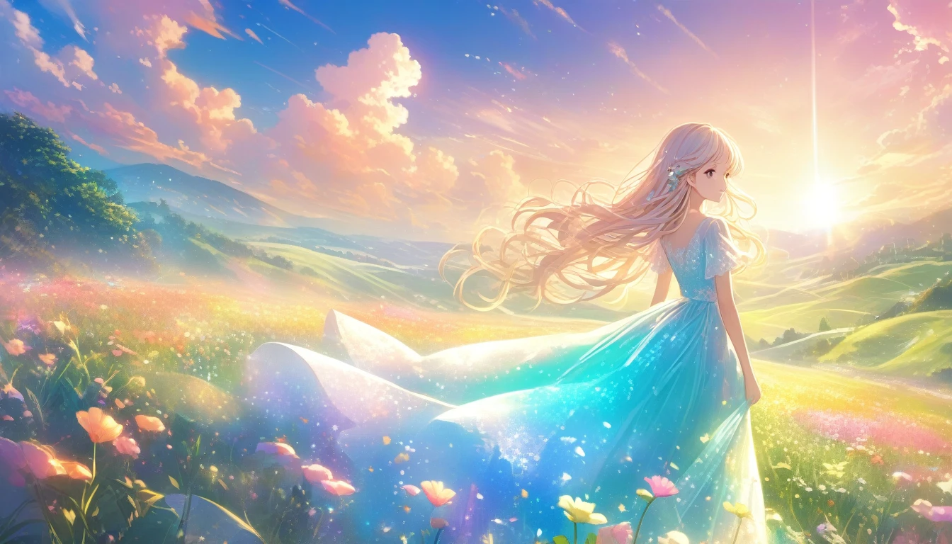 A stunning wide view image of an anime Young woman looking at the vast plain, countless of grass and colorful flowers, dreamlike sky, fluffy clouds, vibrant sunset colors, gentle breeze blowing through her hair, from behind , elegant flowing dress, surrounded by a peaceful and enchanting atmosphere, soft natural light illuminating the scene, creating a magical and surreal ambiance. (best quality, ultra-detailed, photorealistic:1.37), anime style, pastel color palette, ethereal lighting