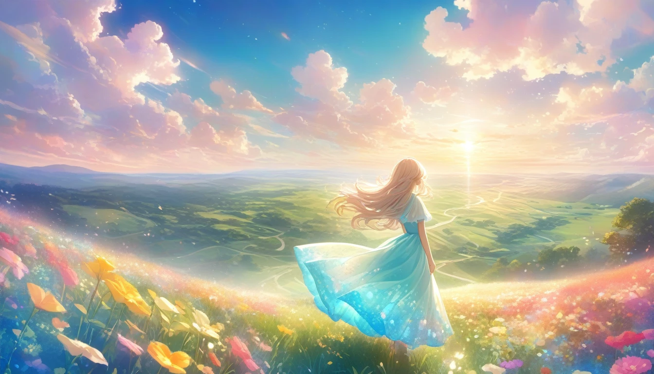 A stunning wide view image of an anime Young woman looking at the vast plain, countless of grass and colorful flowers, dreamlike sky, fluffy clouds, vibrant sunset colors, gentle breeze blowing through her hair, from behind , elegant flowing dress, surrounded by a peaceful and enchanting atmosphere, soft natural light illuminating the scene, creating a magical and surreal ambiance. (best quality, ultra-detailed, photorealistic:1.37), anime style, pastel color palette, ethereal lighting