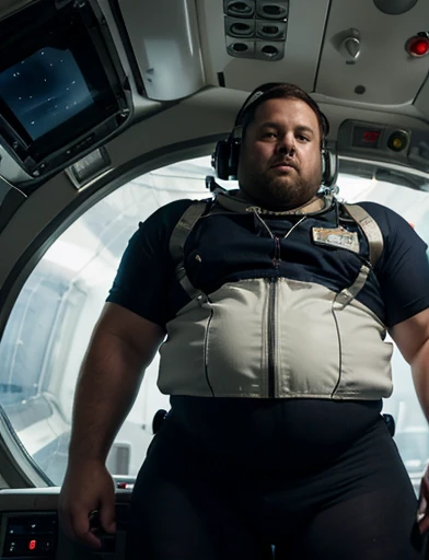 The captain of the astronauts is a plump, chubby man, extremely thick thighs, a large belly, fat. Passing inside the spaceship laboratory , he checks an analysis under the microscope. His arms are holding digital analysis devices. He wears a spacesuit