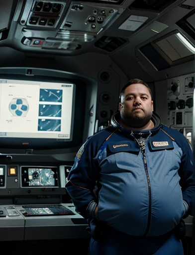 The captain of the astronauts is a plump, chubby man, extremely thick thighs, a large belly, fat. Passing inside the spaceship laboratory , he checks an analysis under the microscope. His arms are holding digital analysis devices. He wears a spacesuit