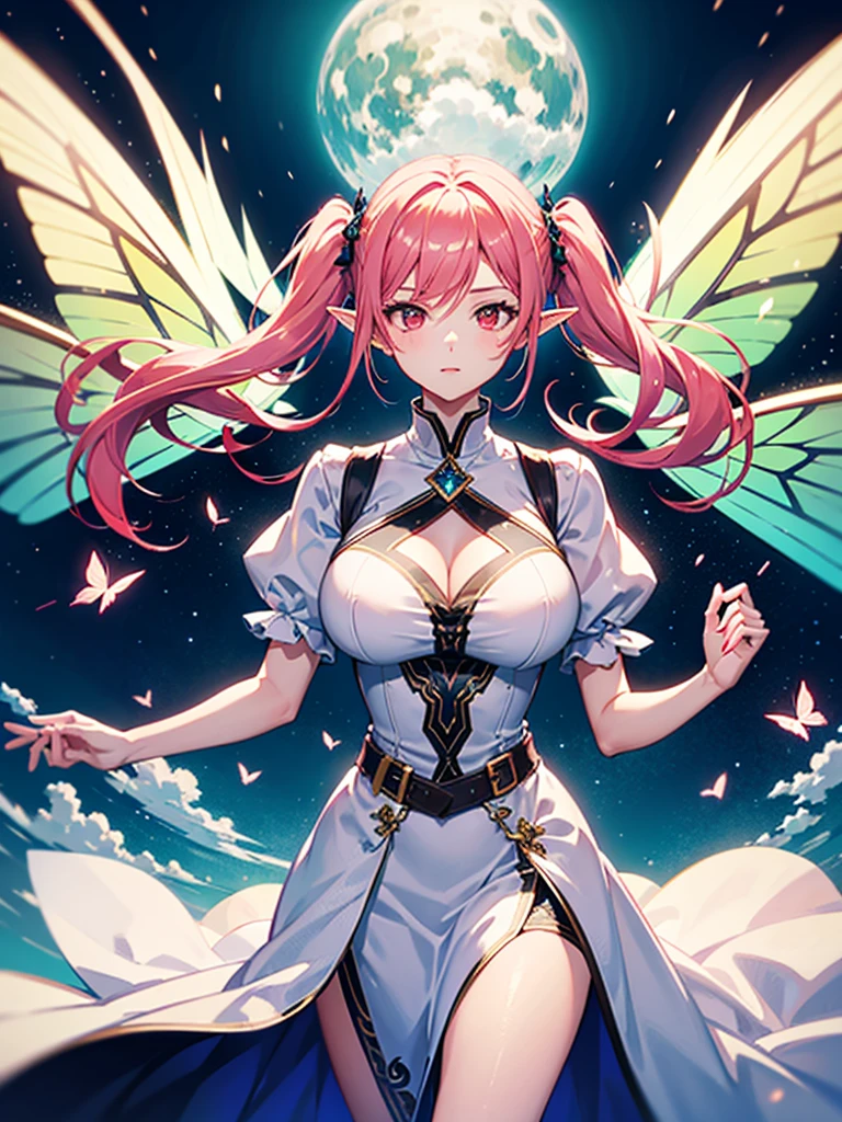 blue sky,huge windmill turning,a girl,Elf,Pink hair,long twintails,Red eyes,Wearing white transparent clothing,Wind flow,elegant clothes,Butterfly wings,side,twinkling,Super detailed,movie lighting effects,best picture