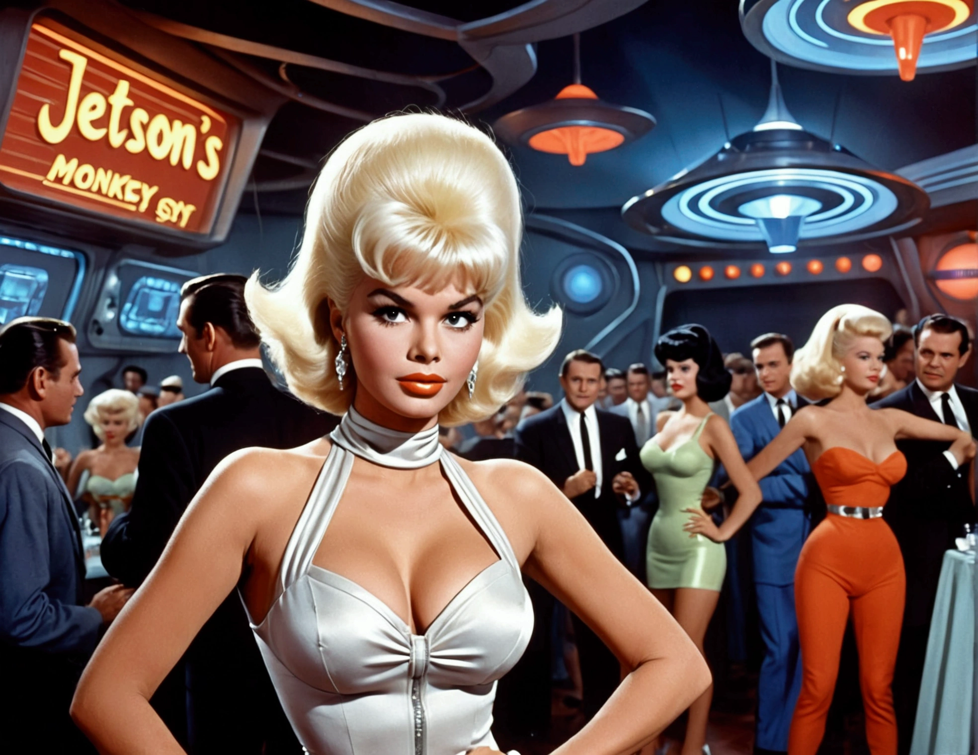 (Jayne Mansfield, age 25, sexy sci fi outfit (Jetson's cartoon style), crazy hairdo platinum blonde), dancing The Monkey in a sci fi club, packed dance floor