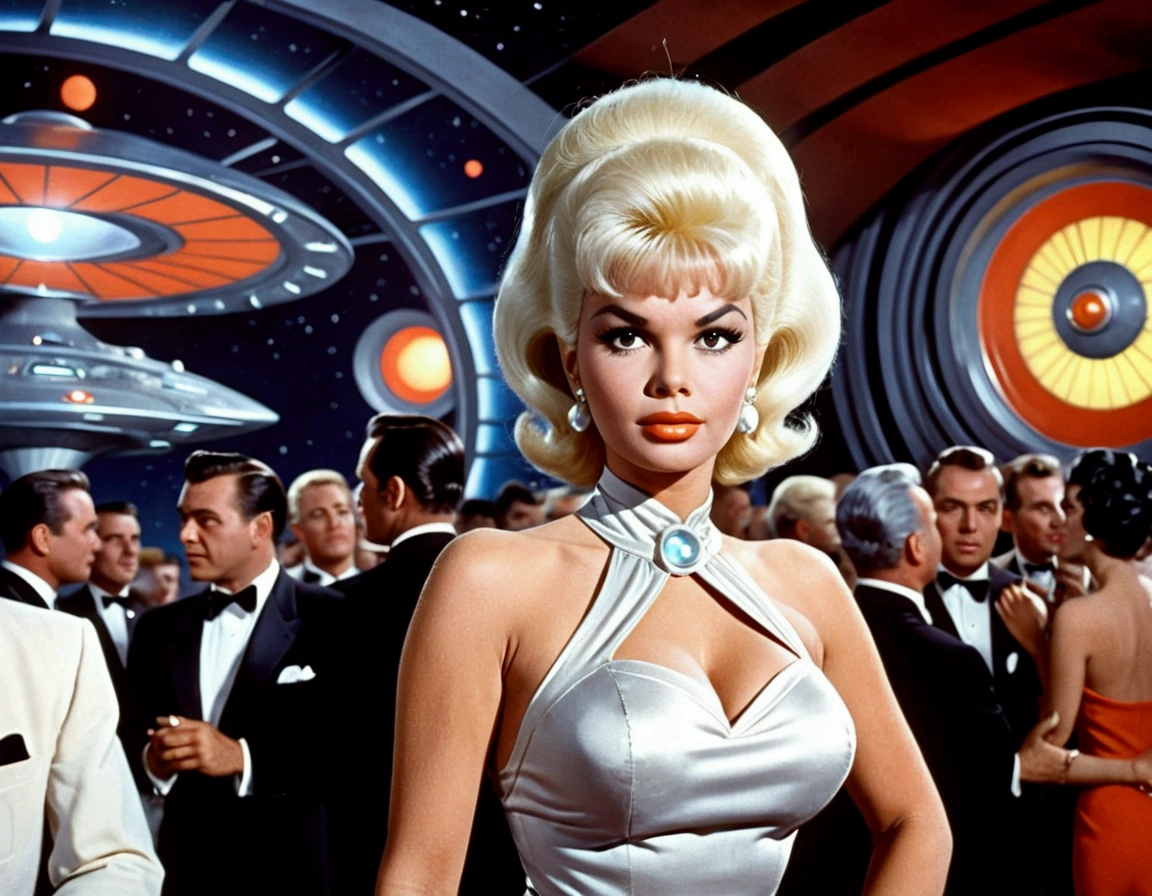 (Jayne Mansfield, age 25, sexy sci fi outfit (Jetson's cartoon style), crazy hairdo platinum blonde), dancing The Monkey in a sci fi club, packed dance floor