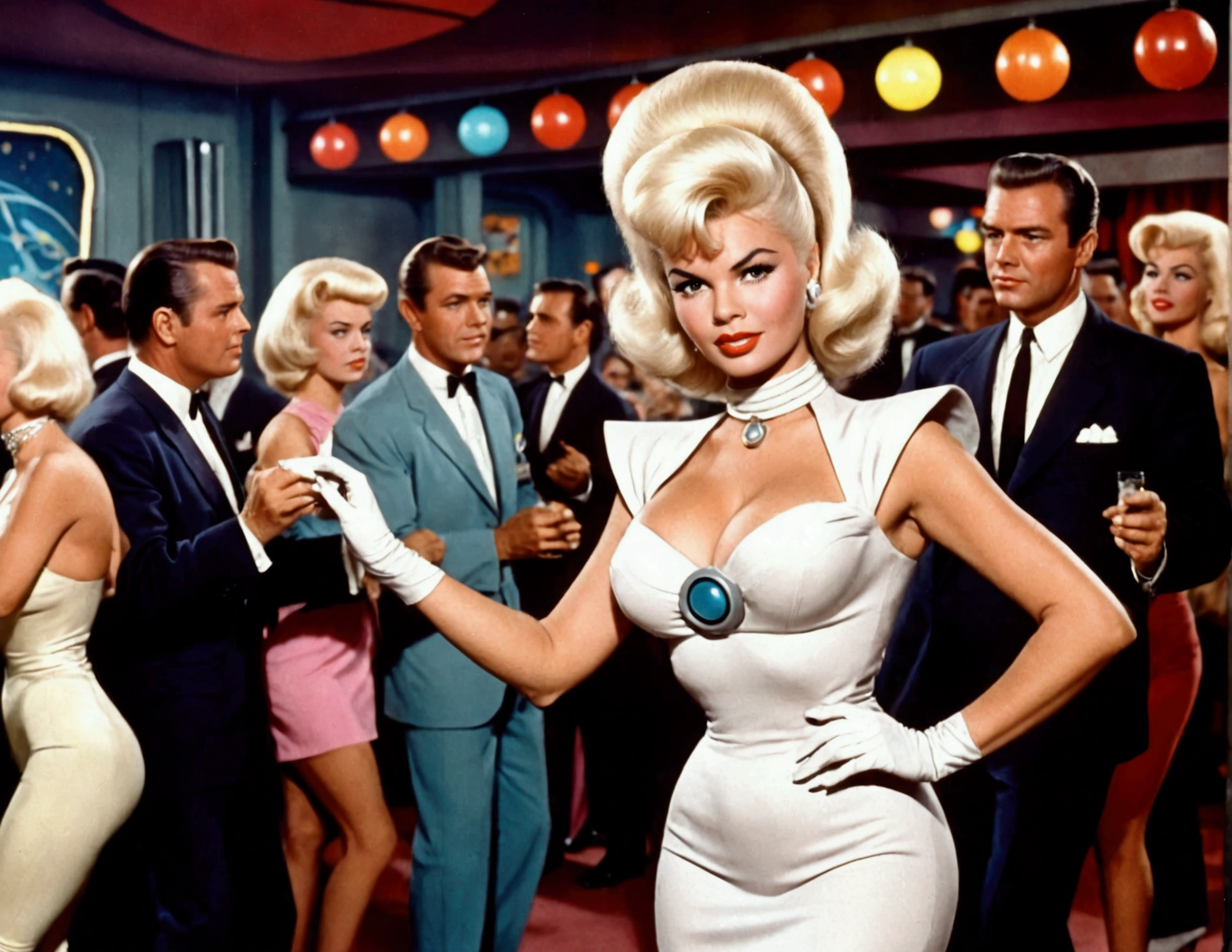 (Jayne Mansfield, age 25, sexy sci fi outfit (Jetson's cartoon style), crazy hairdo platinum blonde), dancing The Monkey in a sci fi club, packed dance floor