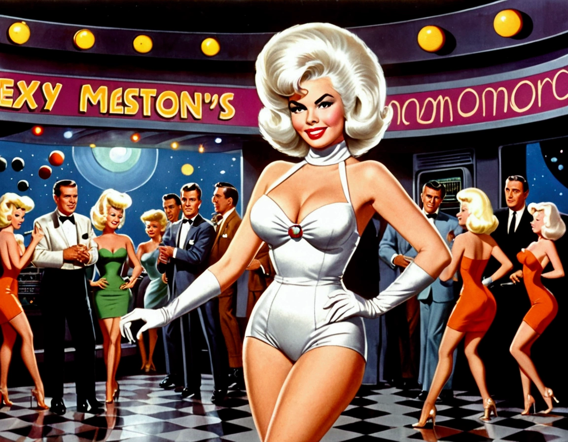 (Jayne Mansfield, age 25, sexy sci fi outfit (Jetson's cartoon style), crazy hairdo platinum blonde), dancing The Monkey in a sci fi club, packed dance floor