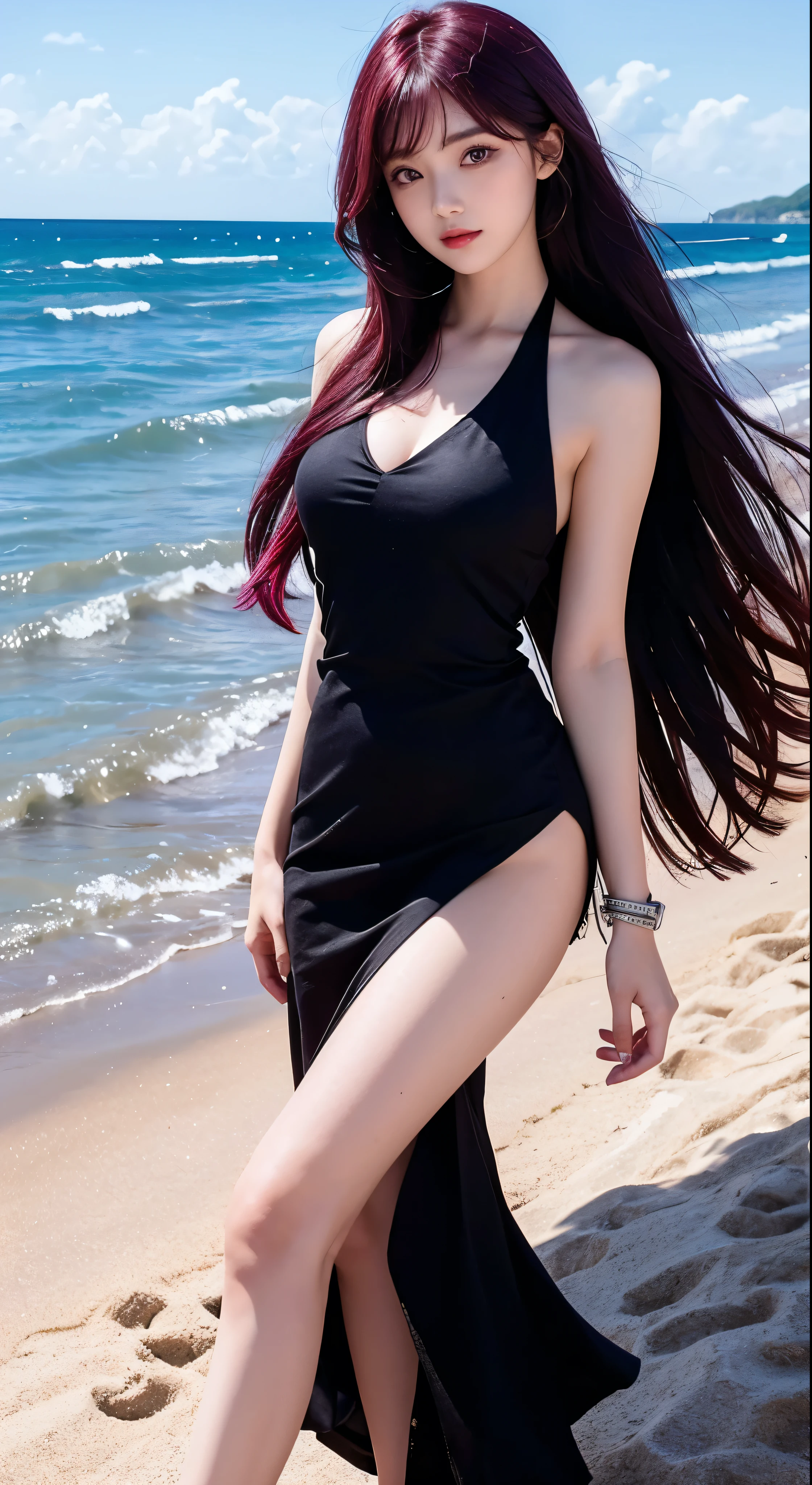 Very beautiful girl,1girl, Full body high quality images, Gradient, In a beautiful black dress, At the beach under the scorching sun in midsummer, looking_at_viewer, Maroon hair, Facial details