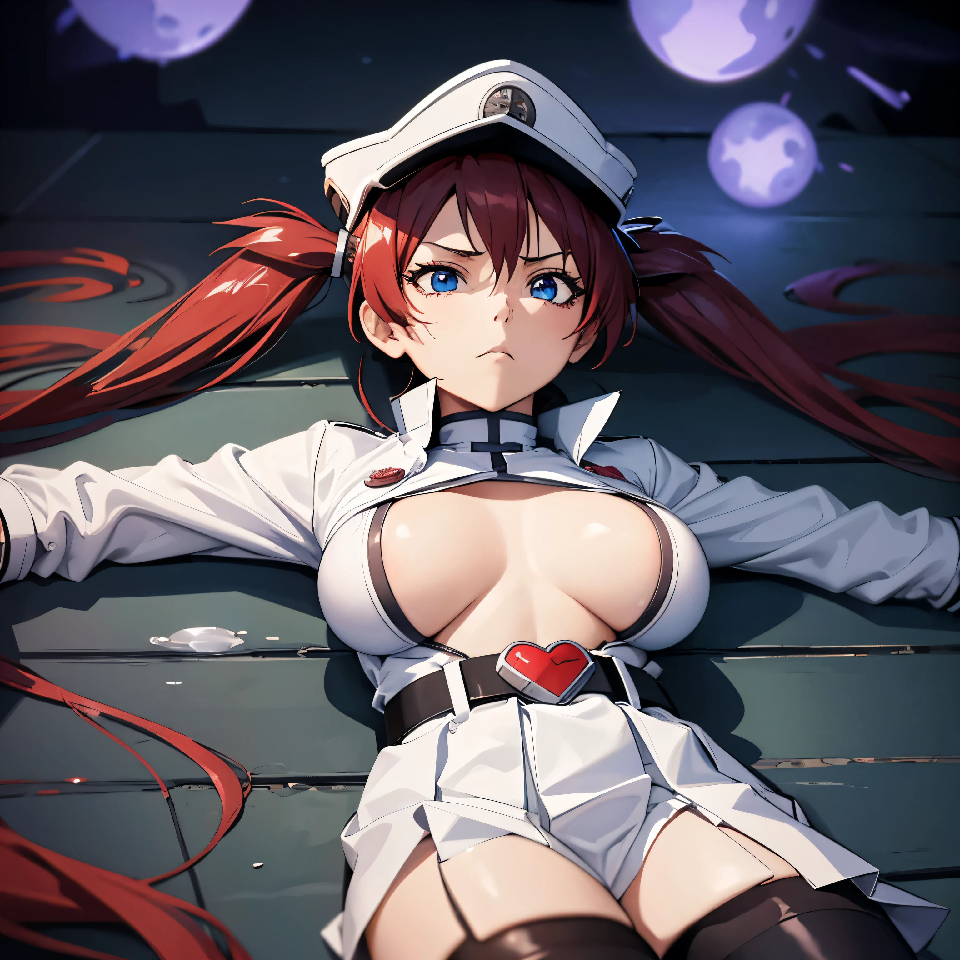 White gloves, red eyes, white jacket, white skirt, best quality, masterpiece, Highly detailed, illustration, absurdres, white military uniform, white uniform, white hat, standing, solo, 1girl, standing at attention, expressionless, blank eyes, looking at viewer, emotionless, corruption, mind control, female combatant, full body, hypnotized, unhappy trance, perfect female body, extremely glossy latex, belt, hypnosis, hypnoLora, empty eyes, Mind control device, thigh high, Bleach, Quincy, thighhighs, tight miniskirt, expressionless, blank eyes, looking at viewer, emotionless, corruption, mind control, female combatant, hypnotized, unhappy trance, obey, perfect female body, hypnosis, hypnoLora, empty eyes, Mind control device, Slave, hat, dark persona, (((pixel-perfect, detail-perfect))), solo, 1girl, hair ornament, twin tails, long hair, red hair, blue eyes, large breast, huge breast, AiriV4, (((lying down on city, lying down)))