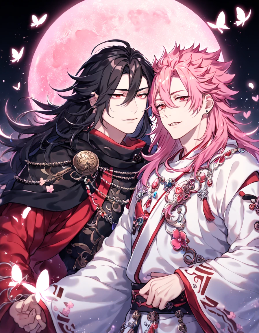 absurdres, highres, ultra detailed, HDR, master piece, best quality, extremely detailed face, delicated features, Xue Yu, untamed spiky hair, black hair, long hair, hair between the eyes, expressive red eyes, Thousand Years War, Ryoumen Sukuna, pink hair, messy hair, expressive red eyes, two sexy men together, gay couple, yaoi, handsome, black cape, red robes, white robes, accessories, patterns, fantasy, magical, radiant, pink butterflies, pink flowers, night sky, shinning pink moon, blossoms, Jujutsu Kaisen