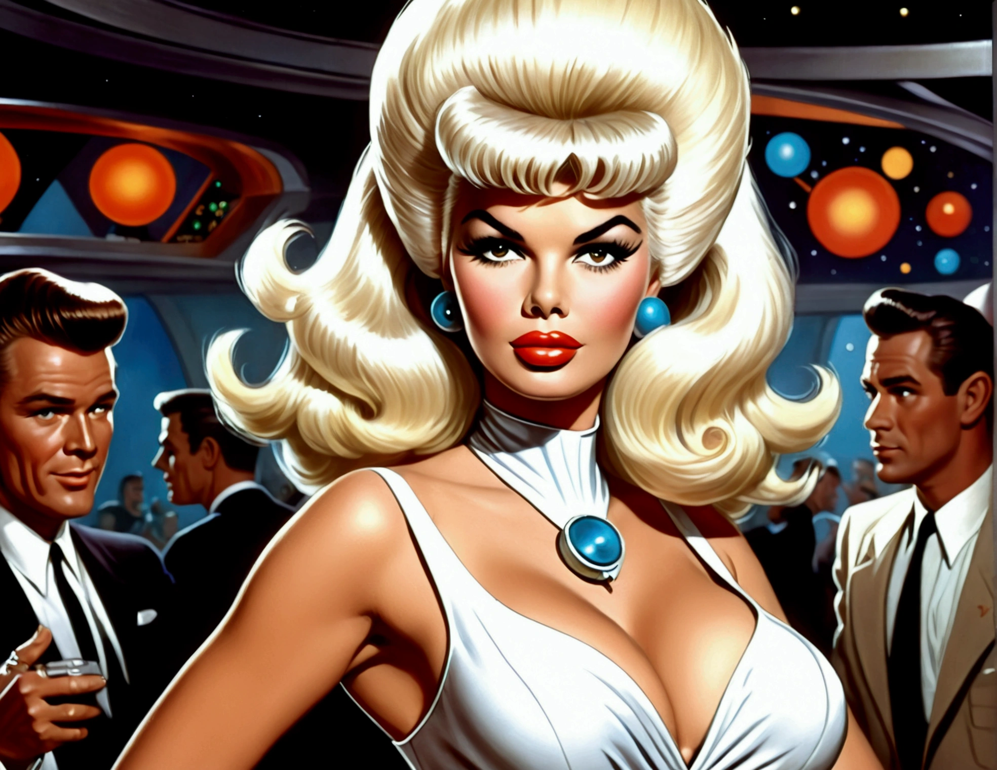 (Jayne Mansfield, age 25, sexy sci fi outfit (Jetson's cartoon style), crazy hairdo platinum blonde), dancing The Monkey in a sci fi club, packed dance floor
