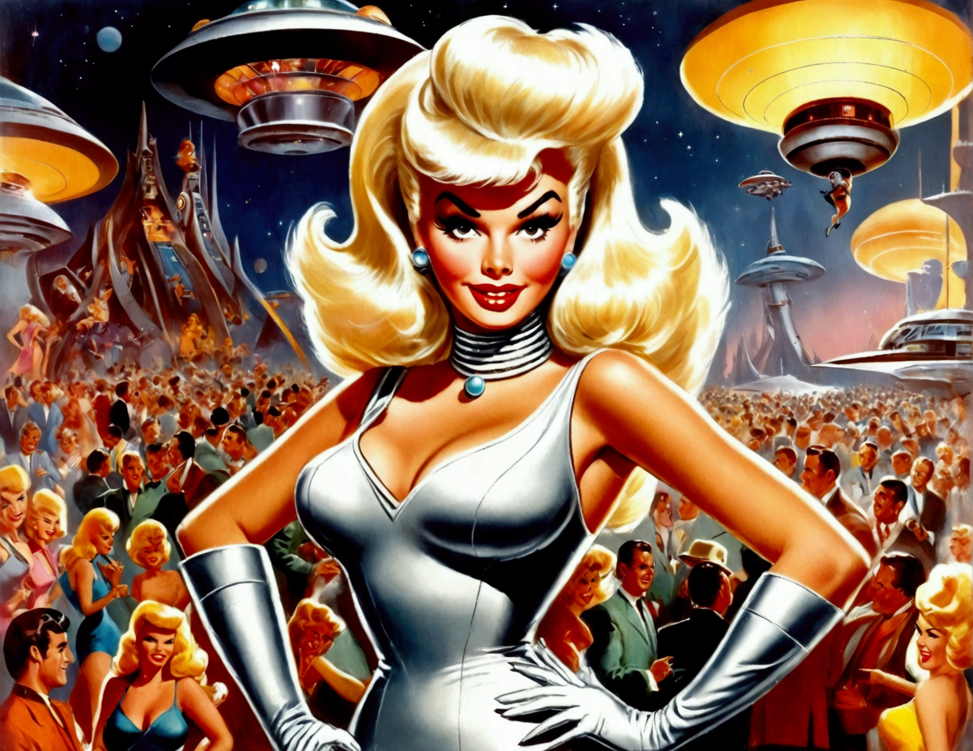 (Jayne Mansfield, age 25, sexy sci fi outfit (Jetson's cartoon style), crazy hairdo platinum blonde), dancing The Monkey in a sci fi club, packed dance floor
