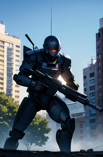 swat,battle field,holding_weapon,masterpiece,best quality,super fine illustration,around robot,building,detailed background,