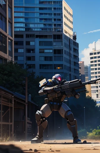 swat,battle field,holding_weapon,masterpiece,best quality,super fine illustration,around robot,building,detailed background,