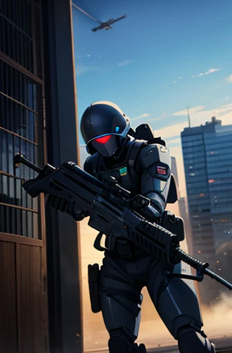swat,battle field,holding_weapon,masterpiece,best quality,super fine illustration,around robot,building,detailed background,