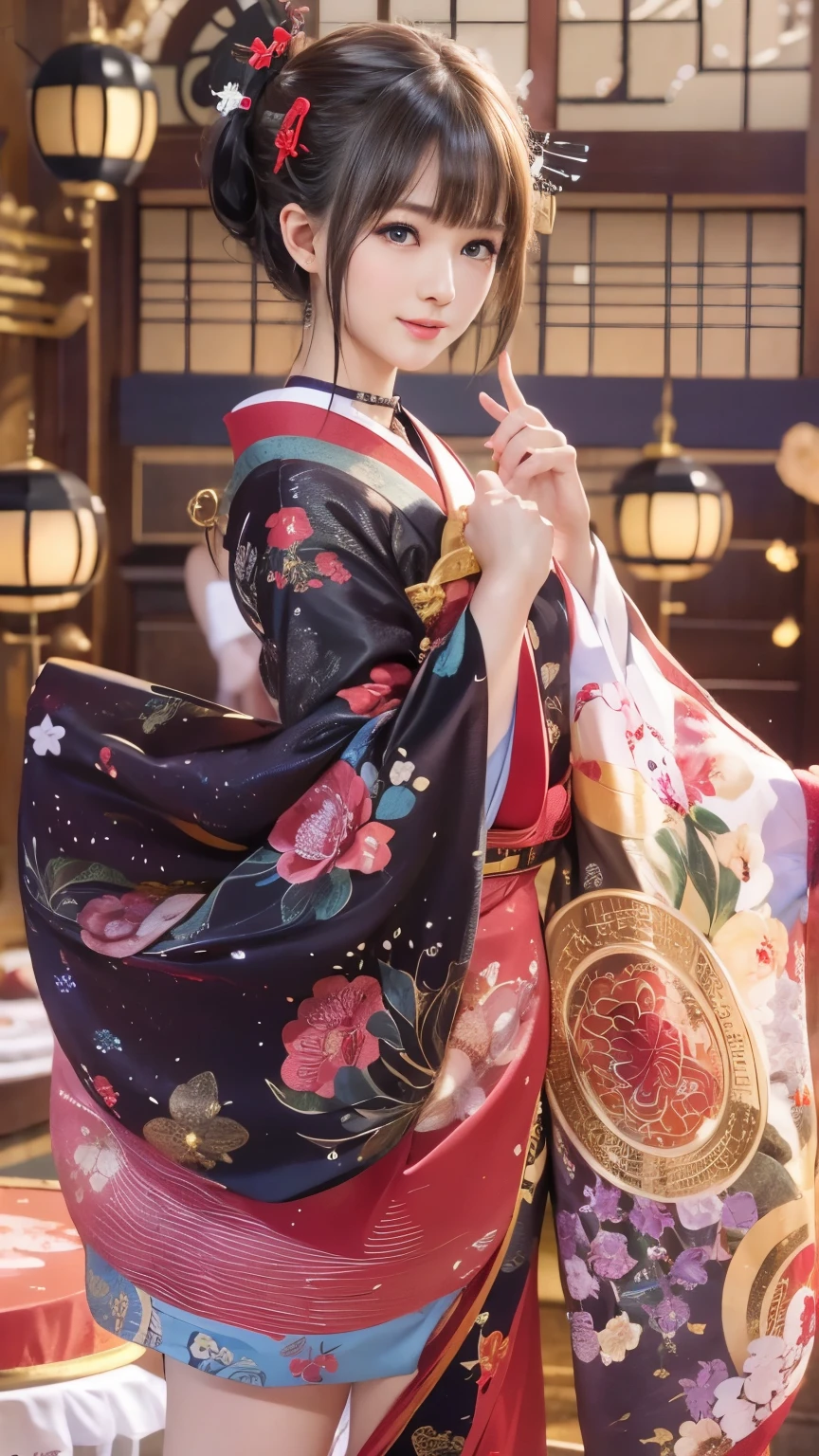 (sexy Japanese traditional dress), (banquet hall,, traditional Japanese party room:1.5), The background is a gold folding screen, doaxvv_Marie Rose, One girl, Maiko, slim body, huge bouncing busts, Black choker, fan, Dance with your arms outstretched, 超High resolution, retina, masterpiece, Accurate, Anatomically correct, Textured skin, Super Detail, Attention to detail, high quality, 最high quality, High resolution, 4K