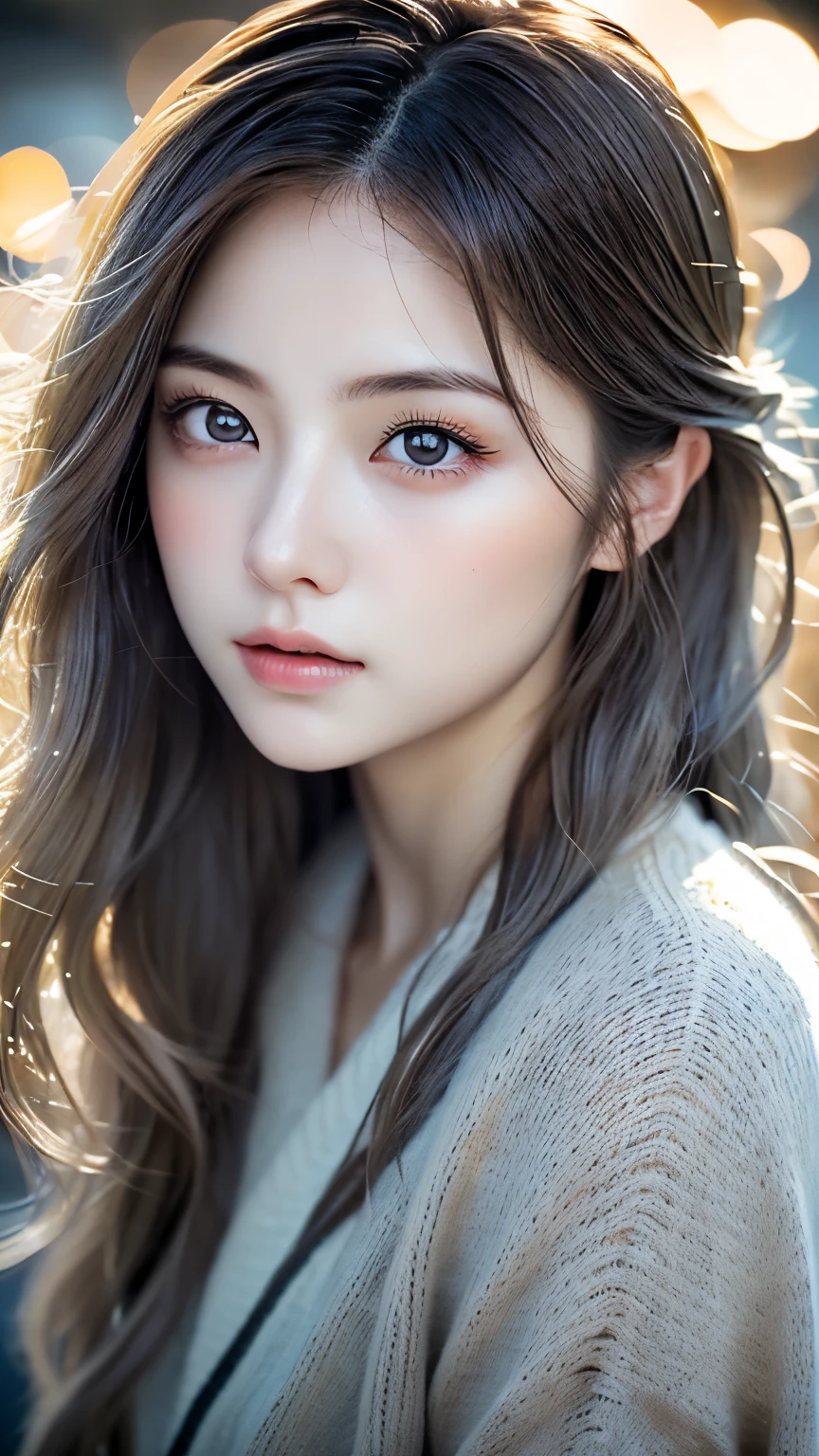 (realistic: 1.4), (masterpiece, side lighting, beautiful and delicate eyes: 1.2), masterpiece*portrait, Reduce water, 20 years old Japanese、Japanese,Yamato Nadeshiko、realistic face, 3d face, bright eyes, romance gray voluminous hair, Glossy skin, alone, embarrassing, bold lighting