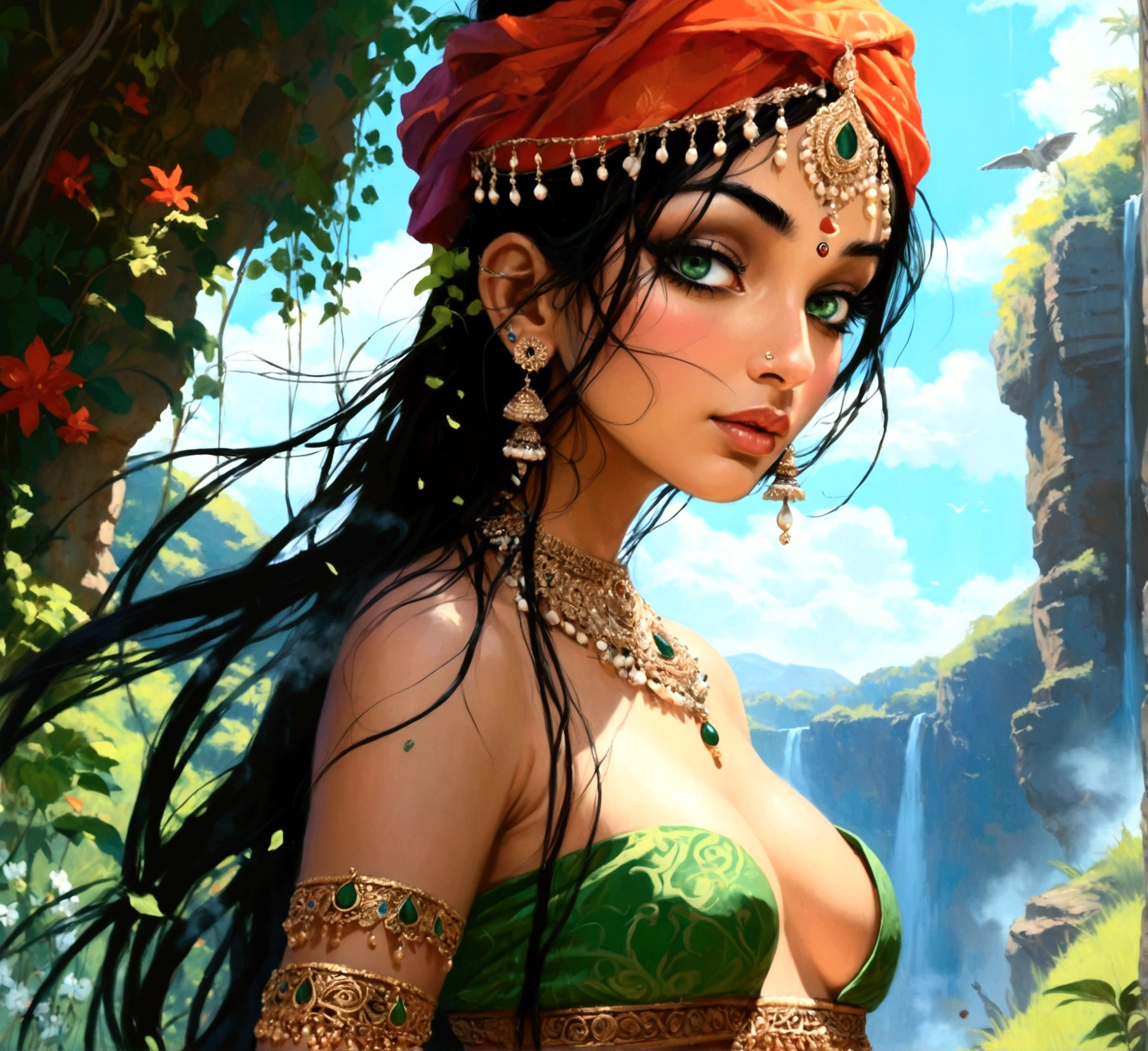((realistic:1.5)),((best quality)), ((masterpiece)),((detailed)), (1girl), {a beautiful female wearing, (upper body:1.3),super-wide-angle lens,face focus, mature,sexy,toned muscles,long legs,curvy, barefoot, medium breasts, open cleavage, drooping breasts, thick thighs,wide hips, thin legs, green eyes,long black hair,floting hair,long eyelashes, (detailed face,beautiful eye, detailed pupilss,detailed clothes features, clear background:1.3), (Bindi,Jhumkas:1.3), (Armlet, Haar, Payal,Maang Tikka,Jhumkas,Kamarband,Bangles:1.3), mysterious ancient ruin, lush forests, deep canyons,bridge,river,cliff,cloud, lakes,rock,waterfalls, flowers, grass, fog,vine,tree, smoke, best shadow,bright details,sharp,perfect composistion, Intricate, Sharp focus, dramatic, by Frank Frazetta,by Julie Bell,by Olivia De Berardinis,by Luis Royo,by boris vallejo, (specular lighting:1.3),rim light, princesses, royal skimpy topless, hugging and touching each other, teasing her friend's belly, teasing her friend's buttocks, blushing friend, biting her friend's ear lobe, hugging from behind, touching her friend's breasts from below