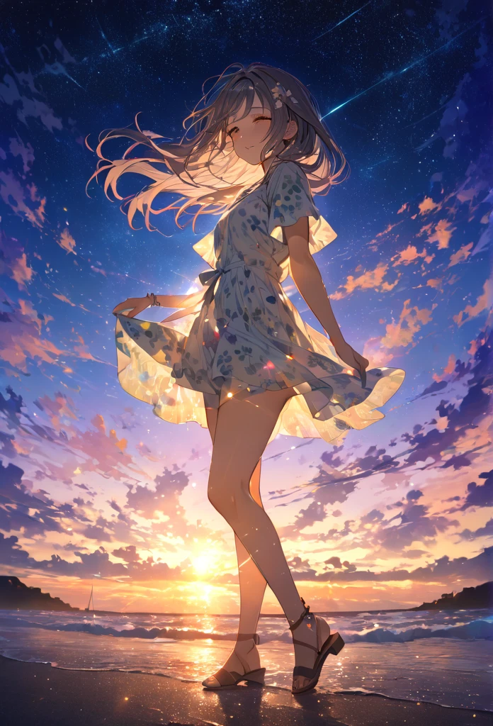 Highest quality　masterpiece　High resolution　masterpieceグレーアイズ　Low Twintails、casual summer outfit　、flowerpunk、Sparkling light particles、Vivid gradient effect