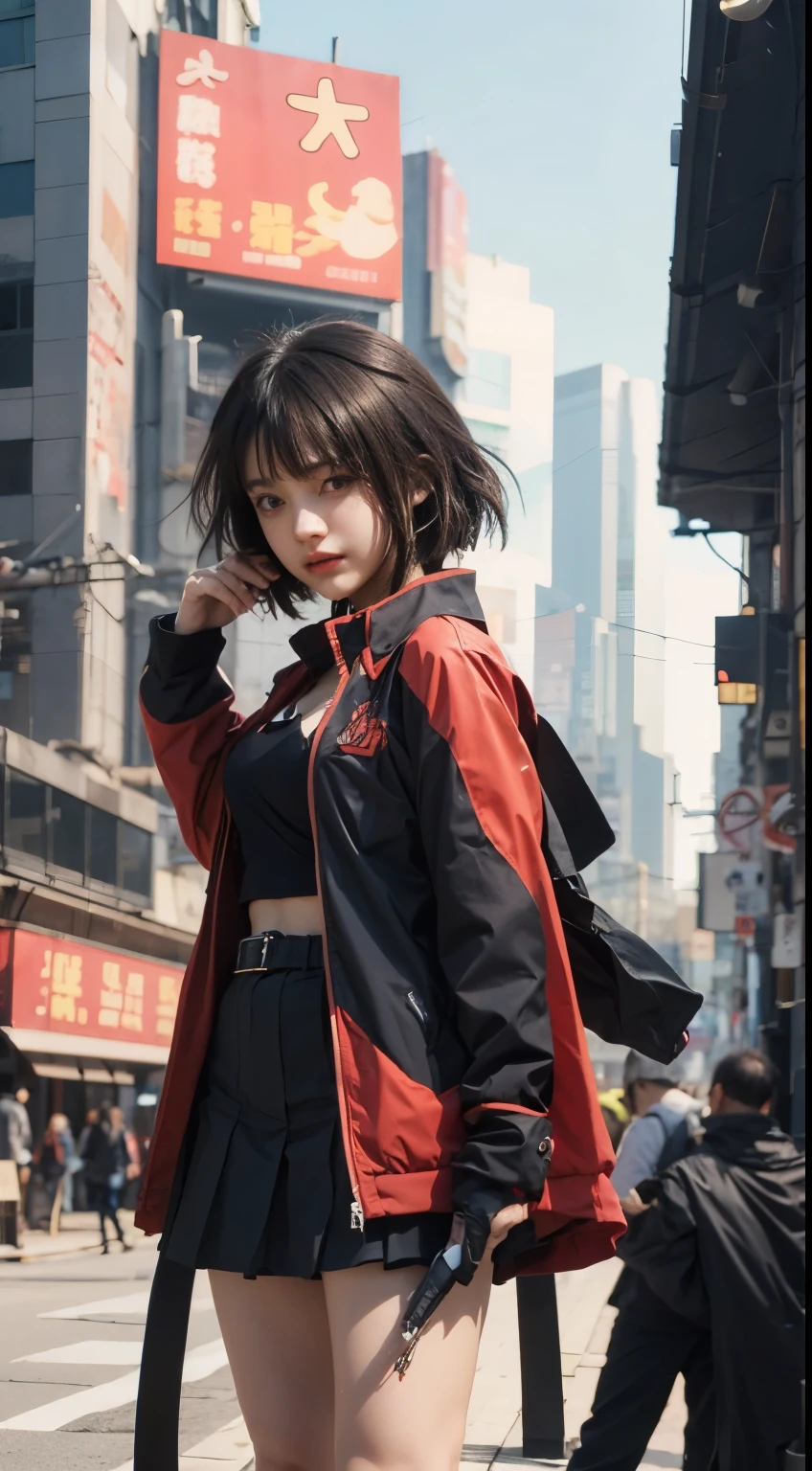 Megumin, konosuba, black hair, black red jacket, modern city background, cyberpunk atmosphere, detailed face, detailed hair, detailed hair, ultra realistic, ultra detailed, best quality masterpiece.