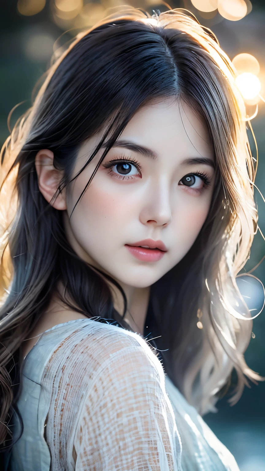(realistic: 1.4), (masterpiece, side lighting, beautiful and delicate eyes: 1.2), masterpiece*portrait, Reduce water, 20 years old Japanese、Japanese,Yamato Nadeshiko、realistic face, 3d face, bright eyes, romance gray voluminous hair, Glossy skin, alone, embarrassing, bold lighting