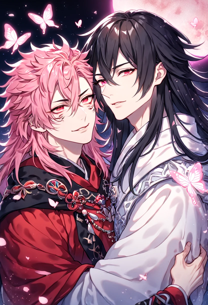 absurdres, highres, ultra detailed, HDR, master piece, best quality, extremely detailed face, delicated features, Xue Yu, untamed spiky hair, black hair, long hair, hair between the eyes, expressive red eyes, Thousand Years War, Ryoumen Sukuna, pink hair, messy hair, expressive red eyes, two sexy men together, gay couple, yaoi, handsome, black cape, red robes, white robes, accessories, patterns, fantasy, magical, radiant, pink butterflies, pink flowers, night sky, shinning pink moon, blossoms, Jujutsu Kaisen