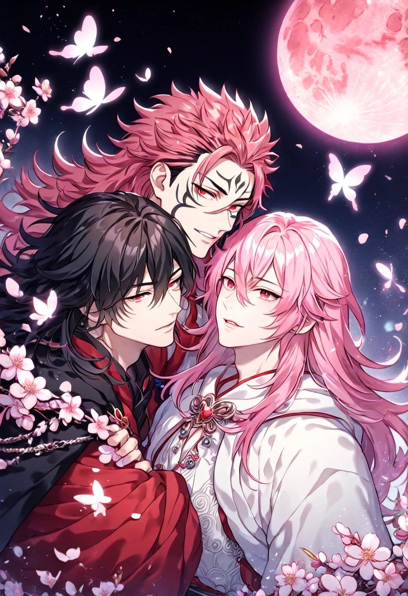 absurdres, highres, ultra detailed, HDR, master piece, best quality, extremely detailed face, delicated features, Xue Yu, untamed spiky hair, black hair, long hair, hair between the eyes, expressive red eyes, Thousand Years War, Ryoumen Sukuna, pink hair, messy hair, expressive red eyes, two sexy men together, gay couple, yaoi, handsome, black cape, red robes, white robes, accessories, patterns, fantasy, magical, radiant, pink butterflies, pink flowers, night sky, shinning pink moon, blossoms, Jujutsu Kaisen
