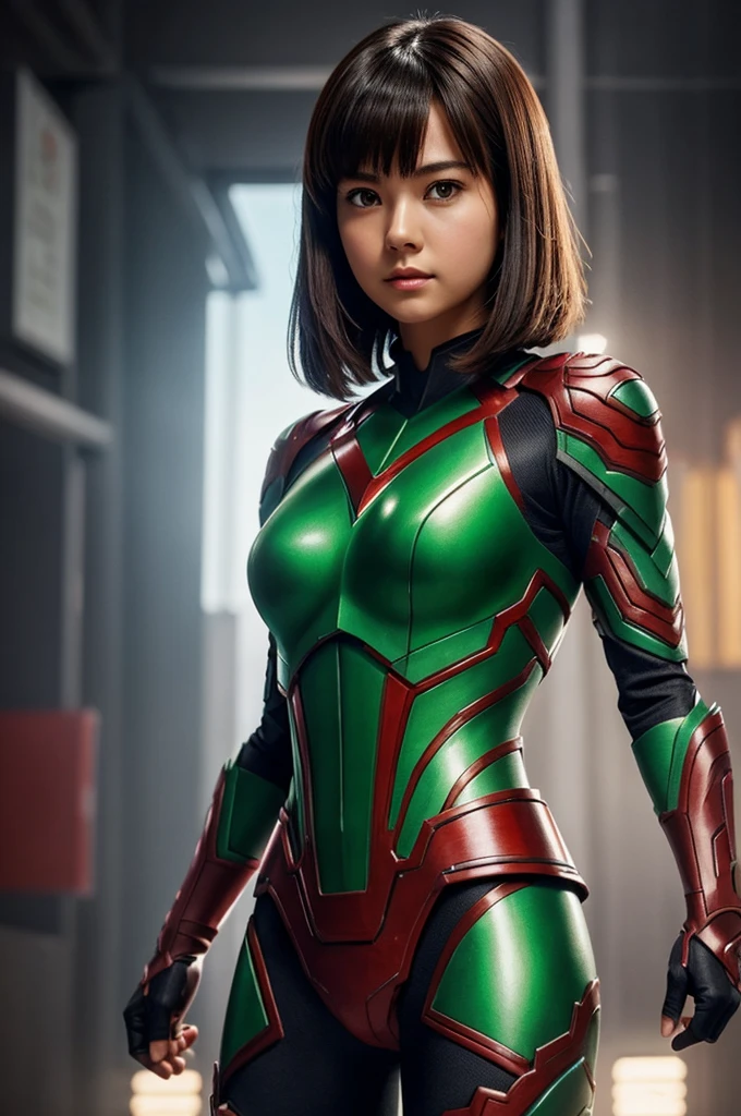 Girl with short dark brown hair, without fringe, medium tone skin, green eyes, american traits and dn drawing style of ultraman the rise of neflix, style between 2d 
