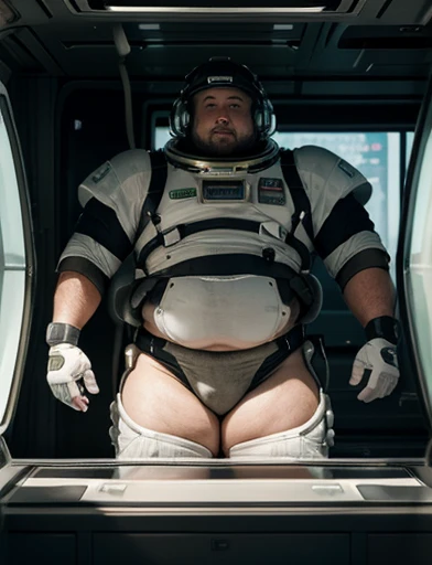 4K, masterpiece, detailded.💚（（tmasterpiece）），（（（best qualtiy））），（CharacterDesignSheet，Same role，frontage，Lateral face，on  back），concept-art，concept art of character，Character sketches，reference sheet，Role table,💚,The captain of the astronauts is a plump, chubby man, extremely thick thighs, a large belly, fat. Passing inside the spaceship laboratory , he checks an analysis under the microscope. His arms are holding digital analysis devices. He wears a spacesuit, fotografia alta definição de detalhes, fotografia dinâmica.