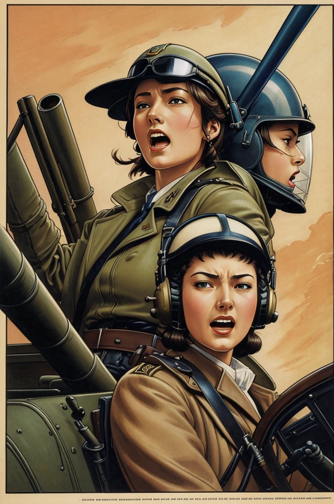 female pilot, yelling, interior, second World War, art by J.c. leyendecker. masamune shirow style
