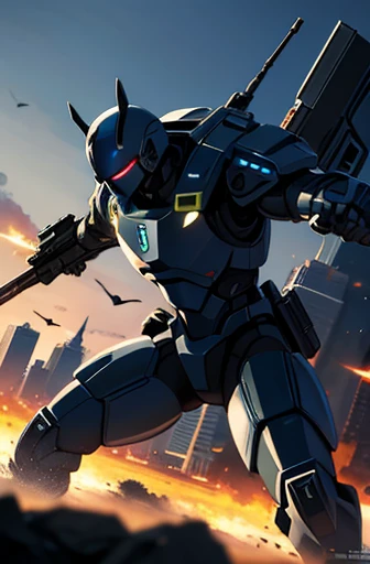 swat,battle field,holding_weapon,masterpiece,best quality,super fine illustration,robot,super detailed,dynamic angle,8k,building,detailed background,