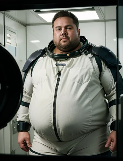 4K, masterpiece, detailded.💚((tmasterpiece)),(((best qualtiy))),(CharacterDesignSheet,Same role,frontage,Lateral face,on back),concept-art,concept art of character,Character sketches,reference sheet,Role table,💚,The captain of the astronauts is a plump, chubby man, extremely thick thighs, a large belly, fat. Passing inside the spaceship laboratory , he checks an analysis under the microscope. His arms are holding digital analysis devices. He wears a spacesuit, fotografia alta definição de detalhes, fotografia dinâmica.