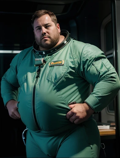 4K, masterpiece, detailded.💚（（tmasterpiece）），（（（best qualtiy））），（CharacterDesignSheet，Same role，frontage，Lateral face，on  back），concept-art，concept art of character，Character sketches，reference sheet，Role table,💚,The captain of the astronauts is a plump, chubby man, extremely thick thighs, a large belly, fat. Passing inside the spaceship laboratory , he checks an analysis under the microscope. His arms are holding digital analysis devices. He wears a spacesuit, fotografia alta definição de detalhes, fotografia dinâmica.