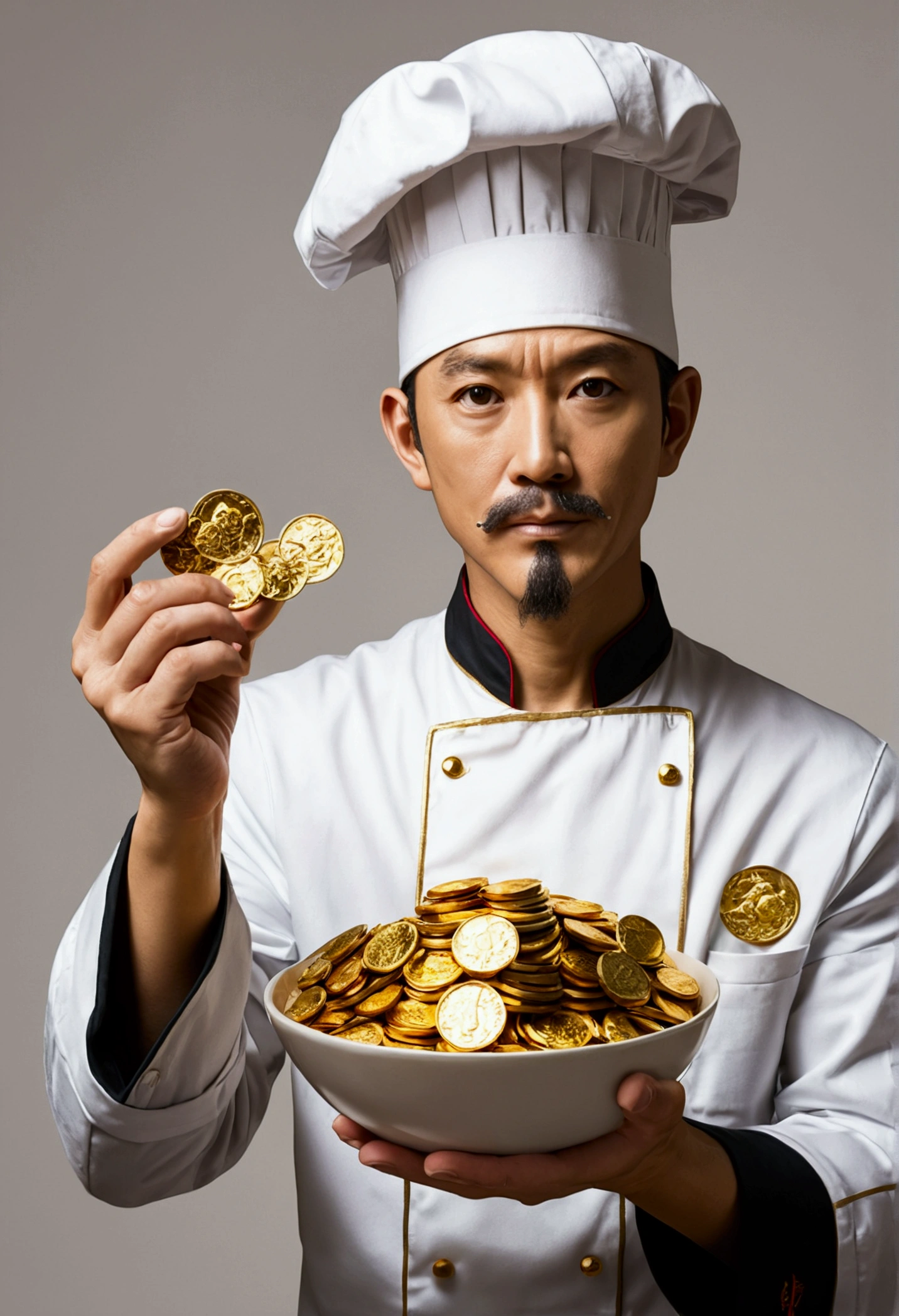 Anime chef holding a bowl of gold coins in his hand,super-fine