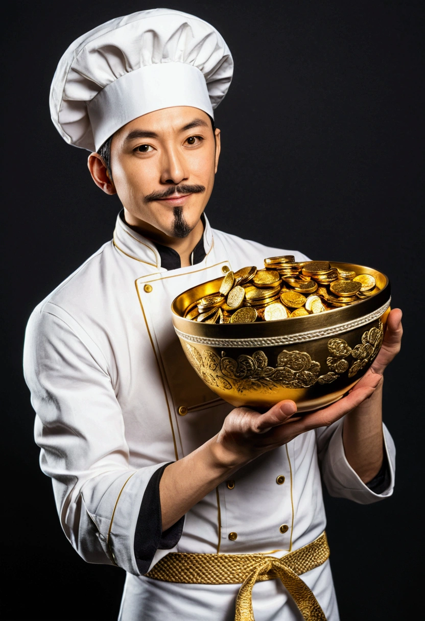 Anime chef holding a bowl of gold coins in his hand,super-fine