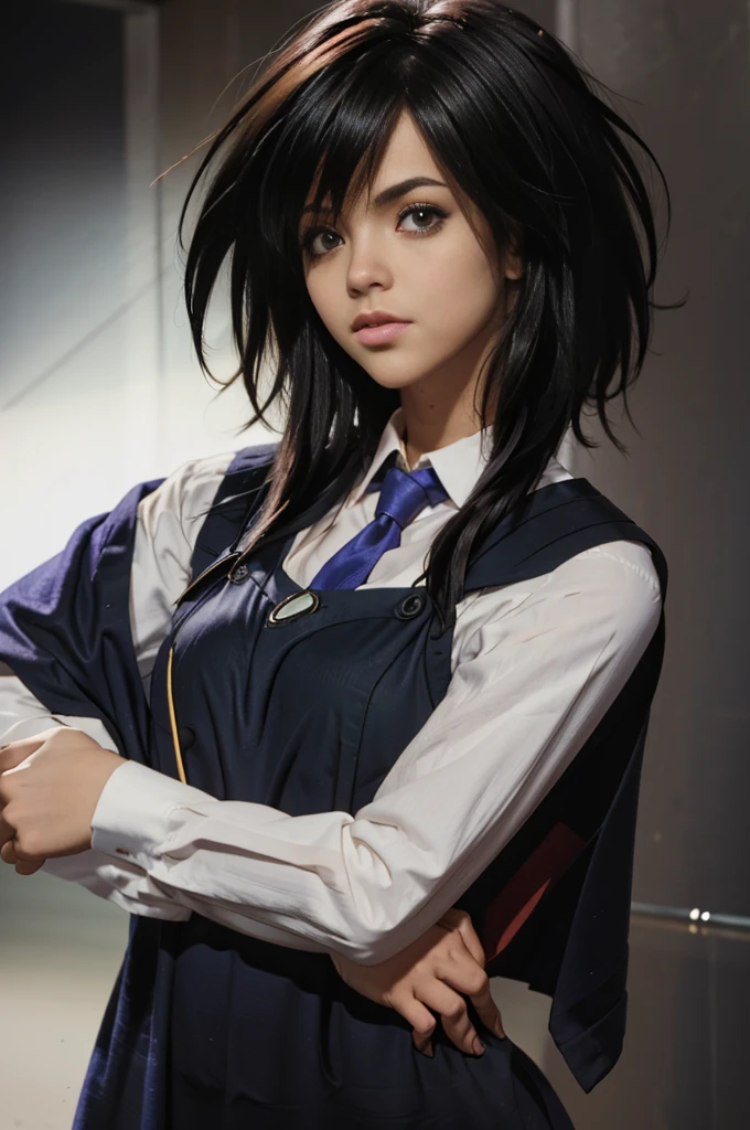 Screenshot of boku no hero academia, beautiful woman, black hair with blue highlights, slanted eyes, green eyes, upset expression on face, uniform gray coat red tie, walking, school hallway background, looking at the camera from below, low angle.