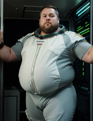 4K, masterpiece, detailded.💚((tmasterpiece)),(((best qualtiy))),(CharacterDesignSheet,Same role,frontage,Lateral face,on back),concept-art,concept art of character,Character sketches,reference sheet,Role table,💚,The captain of the astronauts is a plump, chubby man, extremely thick thighs, a large belly, fat. Passing inside the spaceship laboratory , he checks an analysis under the microscope. His arms are holding digital analysis devices. He wears a spacesuit, fotografia alta definição de detalhes, fotografia dinâmica.