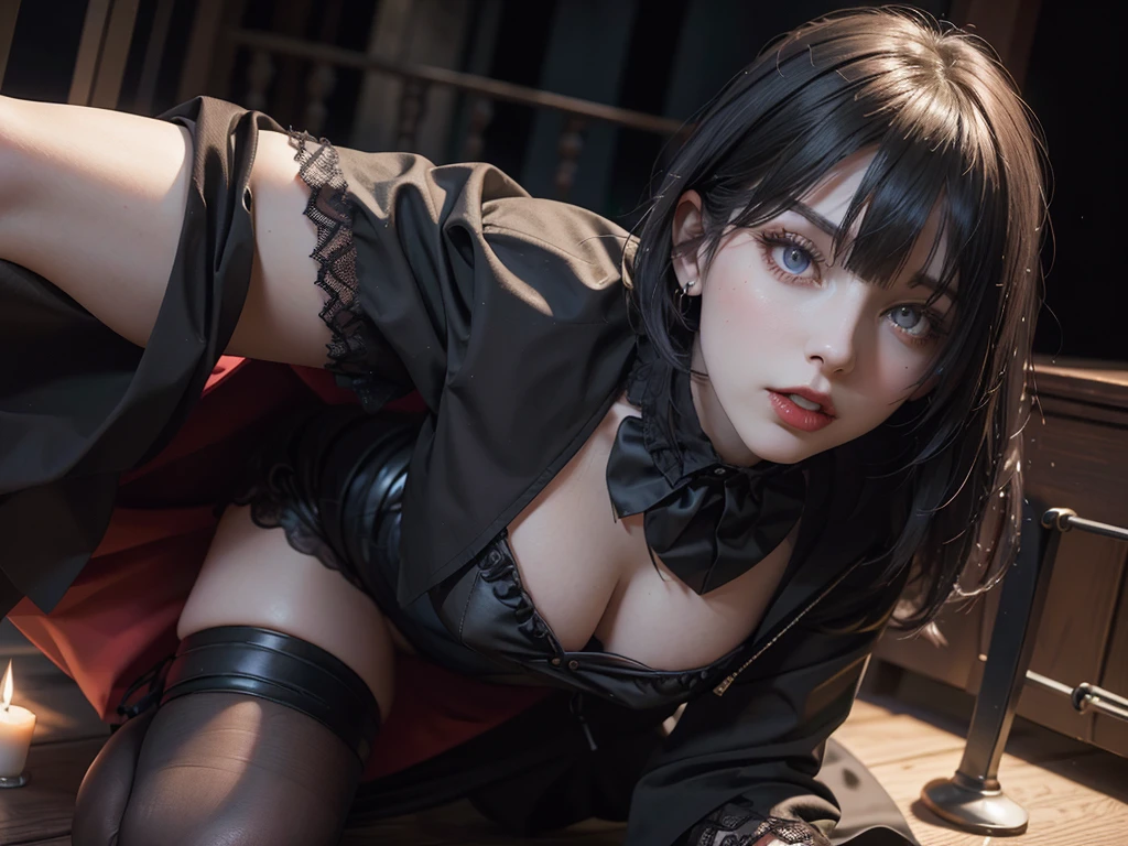 (best quality,highres),(realistic:1.37),dark,goth,woman, eyes,detailed face,black clothes,bobcut black hair,straight bangs,pale skin,red lipstick,intense expression,mysterious atmosphere,gothic background,dim lighting,night,vivid colors, fishnets, topless, fullbody, on her hands and knees, submissive girl, thick thigs, imminent deepthroat, cumshot pose,
