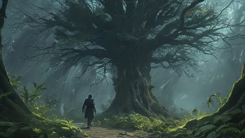In a dark medieval forest, a young boy named Elias walks cautiously along a narrow, overgrown path, gripping a sword tightly in his small hands. The ancient trees loom overhead, their gnarled branches creating a nearly impenetrable canopy that lets through only the faintest glimmers of moonlight. Shadows shift and stretch across the forest floor, and the air is thick with the musty scent of damp leaves and decay. Every step Elias takes is accompanied by the distant sound of dripping water and the occasional rustle of unseen creatures. His heart races with a mix of fear and determination as he ventures deeper into the darkness, ready to confront whatever secrets or dangers lie hidden within the forest’s ancient depths.