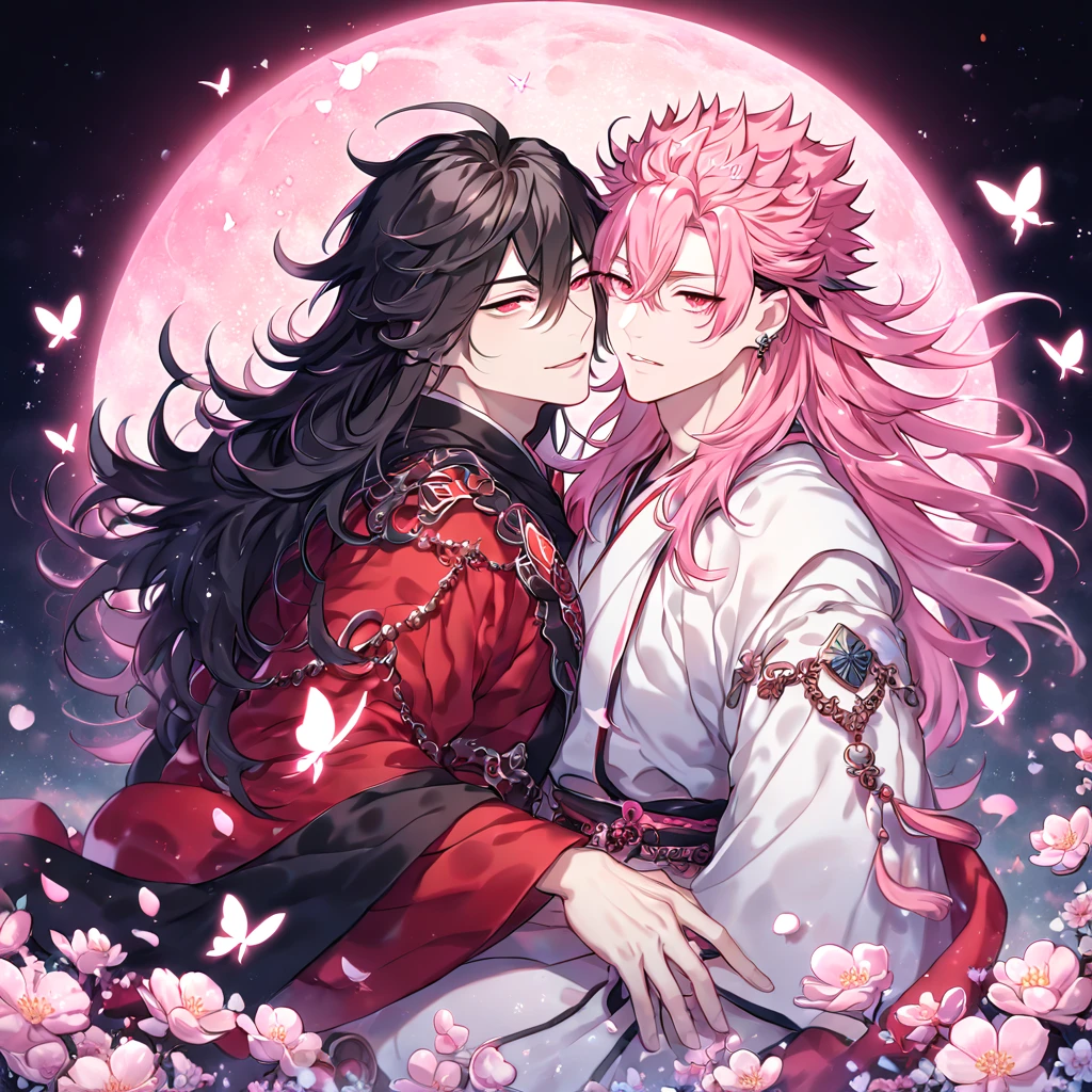 absurdres, highres, ultra detailed, HDR, master piece, best quality, extremely detailed face, delicated features, Xue Yu, untamed spiky hair, black hair, long hair, hair between the eyes, expressive red eyes, Thousand Years War, Ryoumen Sukuna, pink hair, messy hair, expressive red eyes, two sexy men together, gay couple, yaoi, handsome, black cape, red robes, white robes, accessories, patterns, fantasy, magical, radiant, pink butterflies, pink flowers, night sky, shinning pink moon, blossoms, Jujutsu Kaisen
