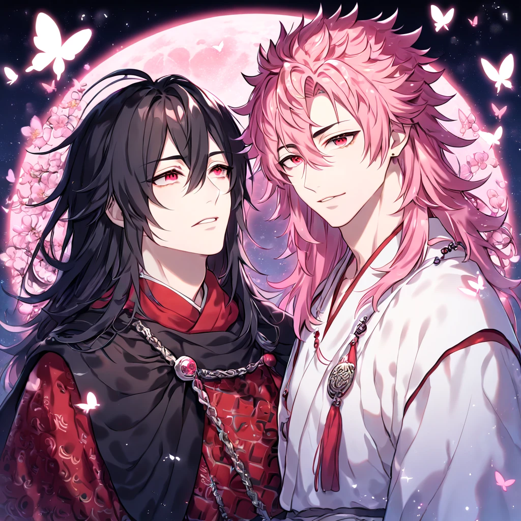 absurdres, highres, ultra detailed, HDR, master piece, best quality, extremely detailed face, delicated features, Xue Yu, untamed spiky hair, black hair, long hair, hair between the eyes, expressive red eyes, Thousand Years War, Ryoumen Sukuna, pink hair, messy hair, expressive red eyes, two sexy men together, gay couple, yaoi, handsome, black cape, red robes, white robes, accessories, patterns, fantasy, magical, radiant, pink butterflies, pink flowers, night sky, shinning pink moon, blossoms, Jujutsu Kaisen
