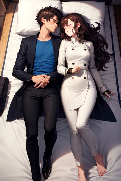 ((best quality)), ((masterpiece)), (detailed), a couple, a boy and a girl, 1 boy, full body, 19 years old, brown hair with white tips, somewhat long hair, bangs, green eyes, sleeping, tall and thin, thin, long beige trench coat, open trench coat, black fingerless gloves, white wristbands, white t-shirt with blue I-shaped emblem, letter I, black pants, 1 girl, full body, 19 years old, young adult, somewhat short, purple eyes, brown hair, somewhat wavy hair, long hair, lock of hair on forehead, asleep, blushing, scientist's coat, blue shirt, black pants, lying in bed looking at each other, kissing, closed eyes, romantic moment, bedroom background, anime
