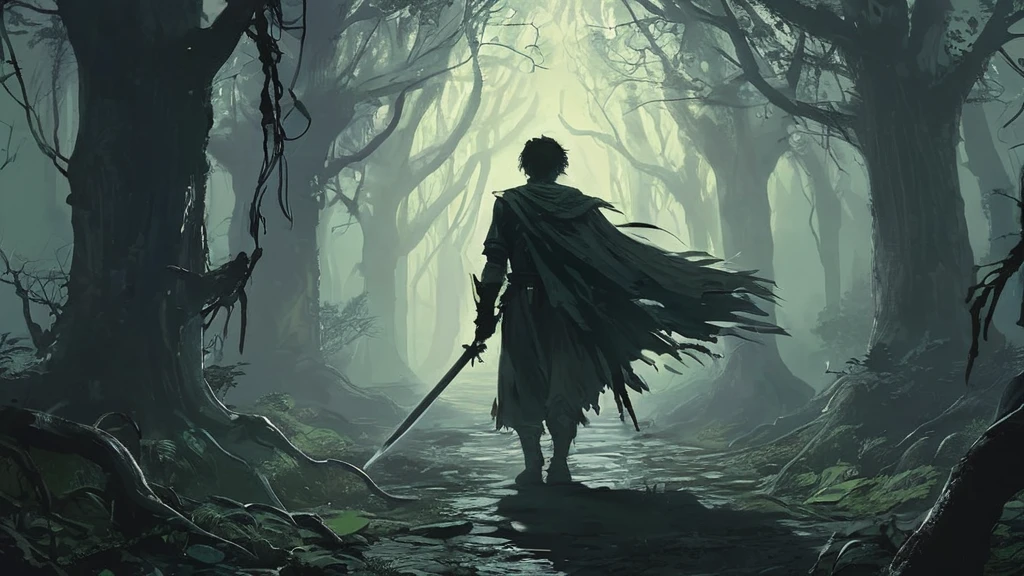 In a dark medieval forest, a young boy named Elias walks cautiously along a narrow, overgrown path, gripping a sword tightly in his small hands. The ancient trees loom overhead, their gnarled branches creating a nearly impenetrable canopy that lets through only the faintest glimmers of moonlight. Shadows shift and stretch across the forest floor, and the air is thick with the musty scent of damp leaves and decay. Every step Elias takes is accompanied by the distant sound of dripping water and the occasional rustle of unseen creatures. His heart races with a mix of fear and determination as he ventures deeper into the darkness, ready to confront whatever secrets or dangers lie hidden within the forest’s ancient depths.